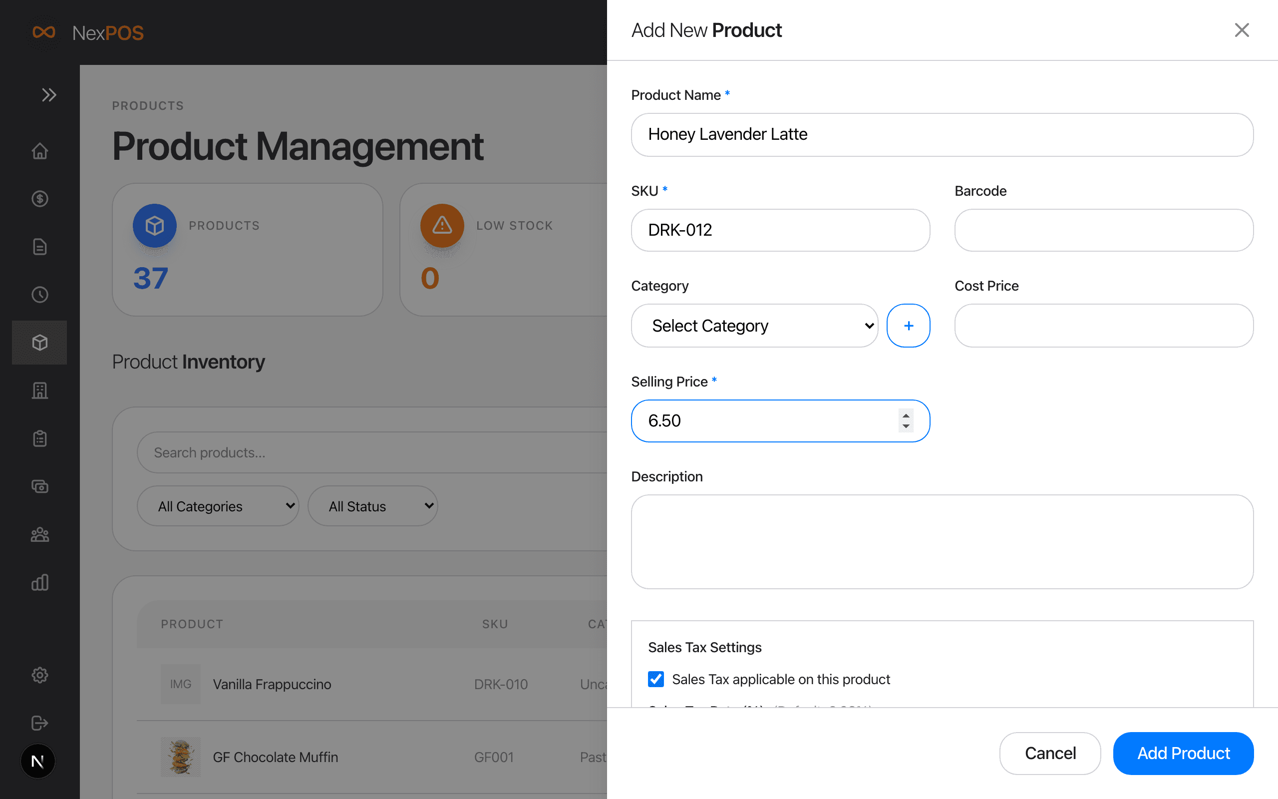 Add product form with a coffee item filled in.