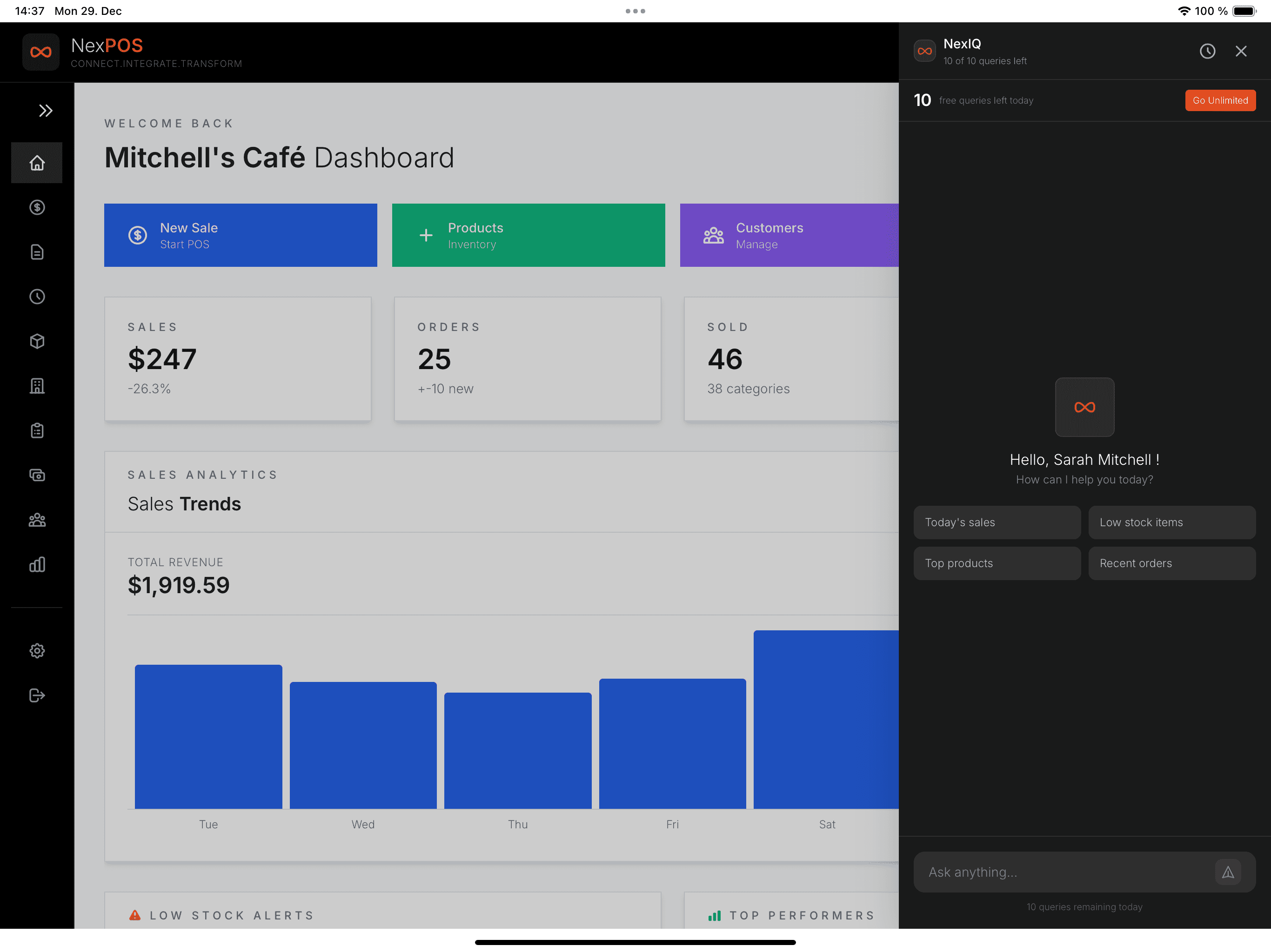 NexPOS dashboard on iPad with the NexIQ AI assistant panel open answering business questions.