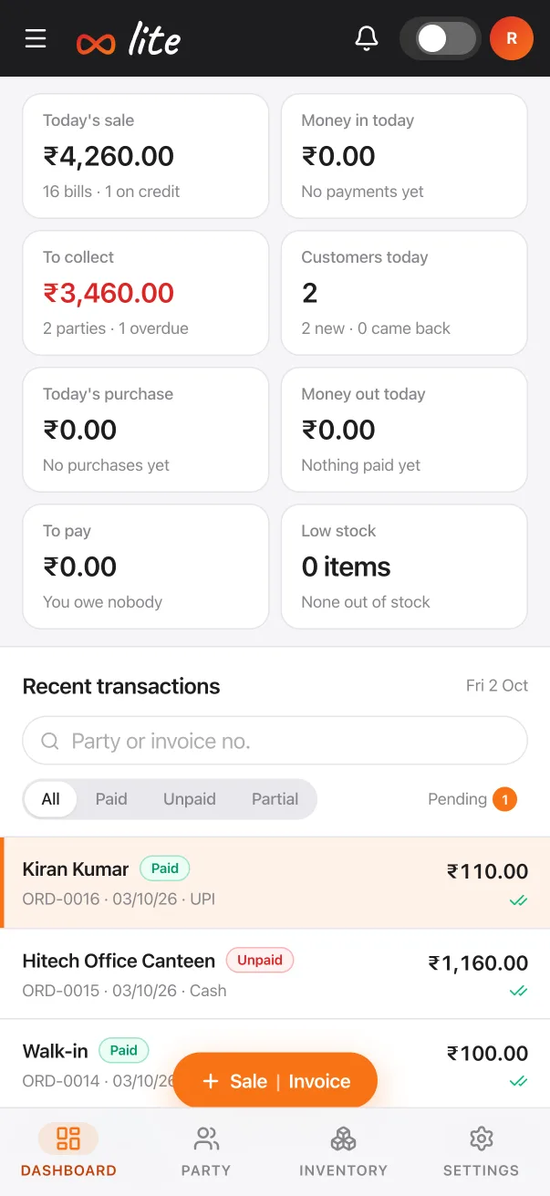NexPOS Lite on a phone: today's sales, money to collect, recent bills